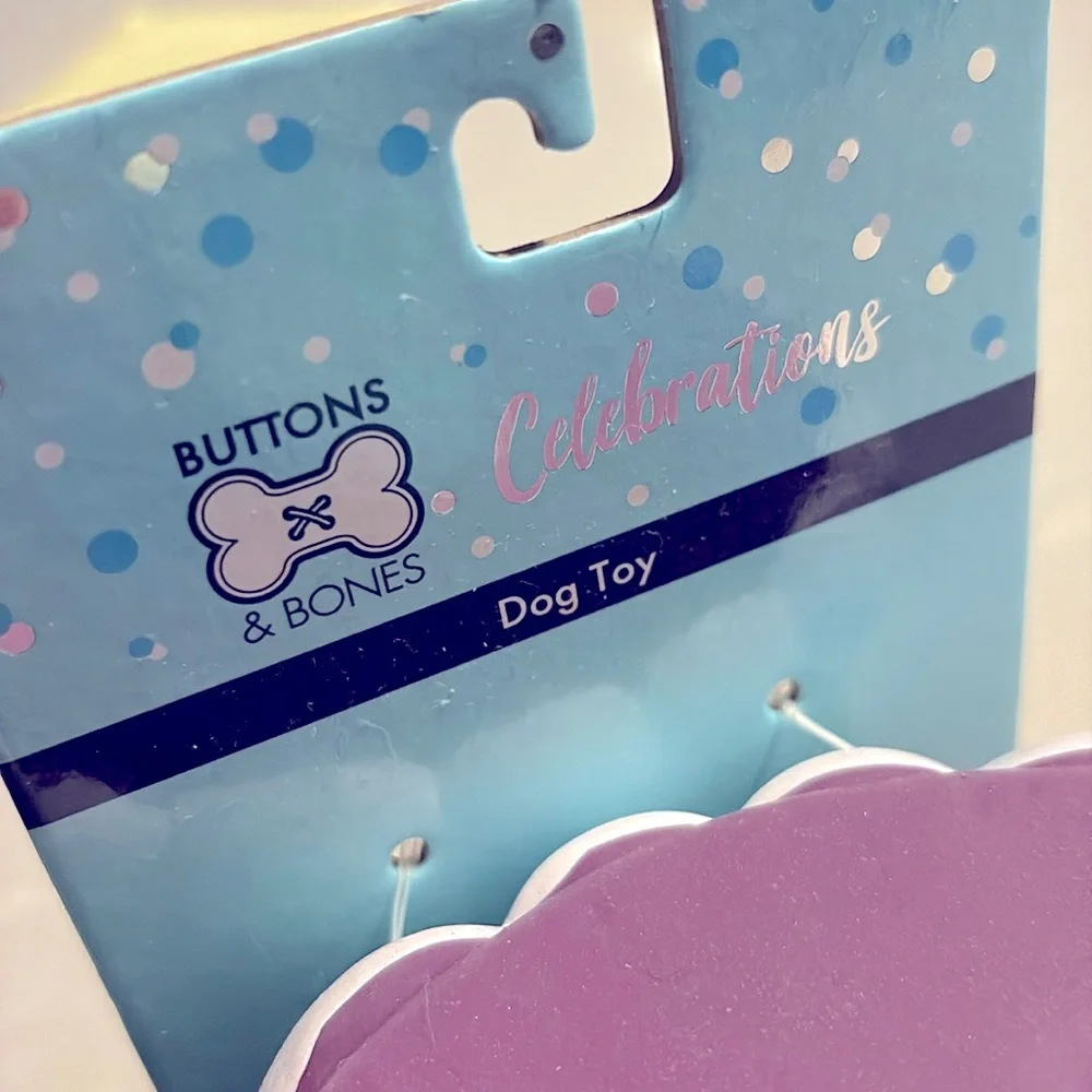 NWT [Buttons & Bones] Celebrations Dog Birthday Cake Squeak Toy Purple w/Candle - Picture 6 of 6